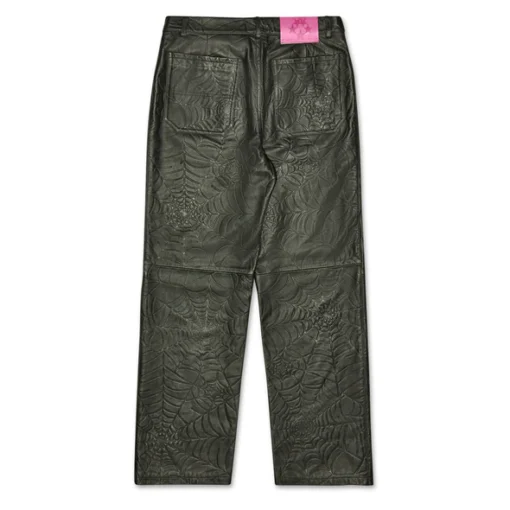 Sp5der Black Debossed Web Leather Pant - Image 2